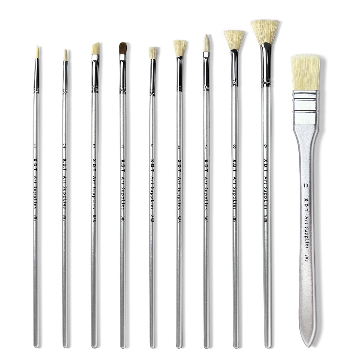 XDT#888-2 Assorted Art Brush Set 10Pc X-Long Handle Acrylic Oil Watercolor