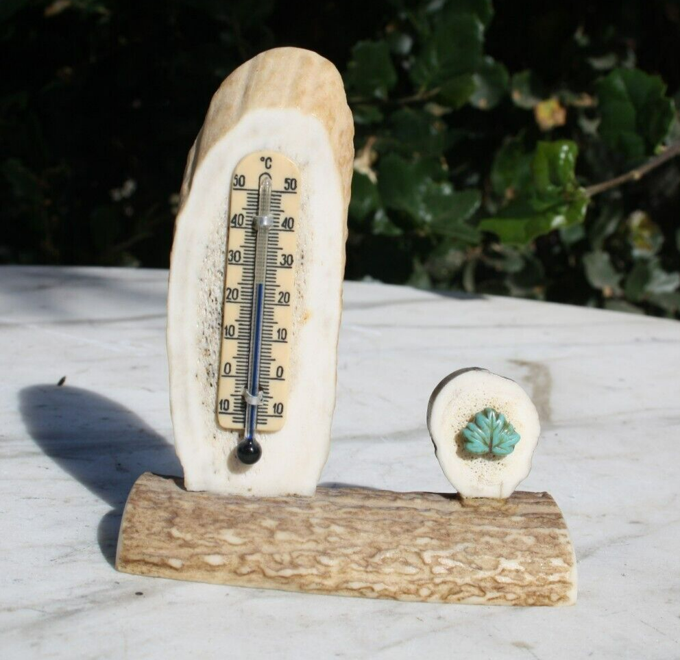 Vintage Antler Bone Thermometer Celsius with Turquoise Leaf