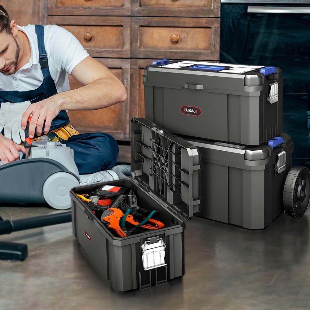 Stackable Toolbox with Detachable Parts Box Organizer 3-In-1 Rolling Tool Box