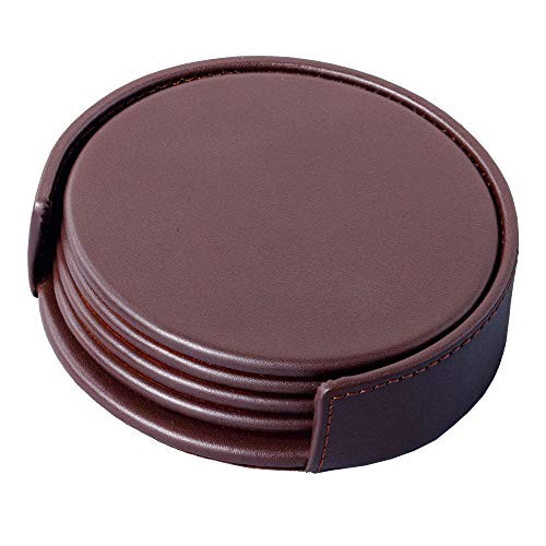 Chocolate Brown Leather 4 Round Coaster Set