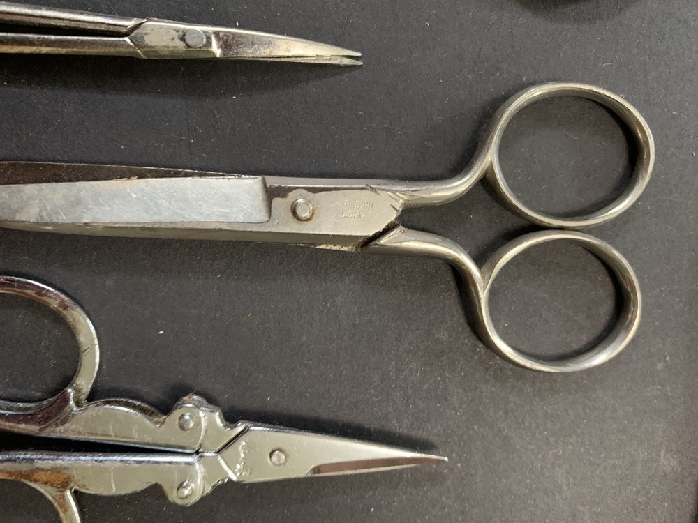Antique Pair Sewing Scissors Lot Pinking Shears Button Hole Primitive Folding
