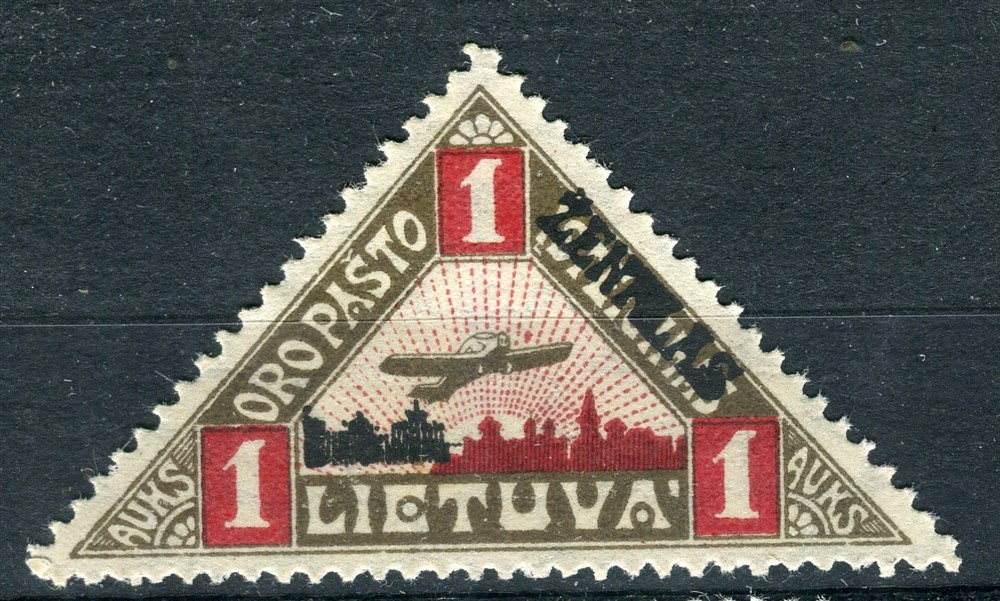 LITHUANIA; 1922 early Airmail Triangle issue Mint hinged 1A. value