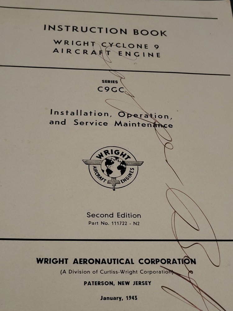 Wright Aircraft Engines Cyclone 9GC Reference Book Diagrams Instructions 1943