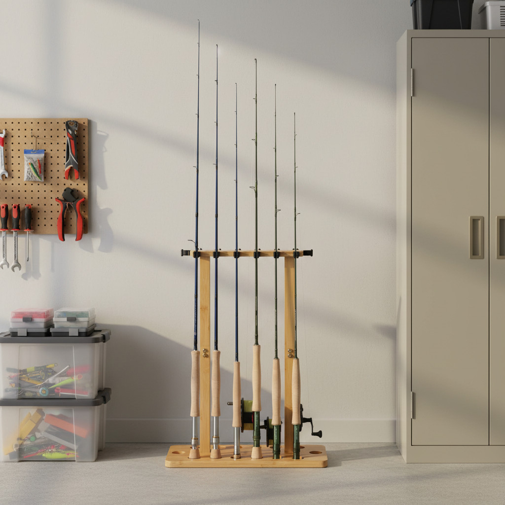 Fishing Rod Holders for Garage Wood Pole Rack Floor Stand Holds up to 14 Rods