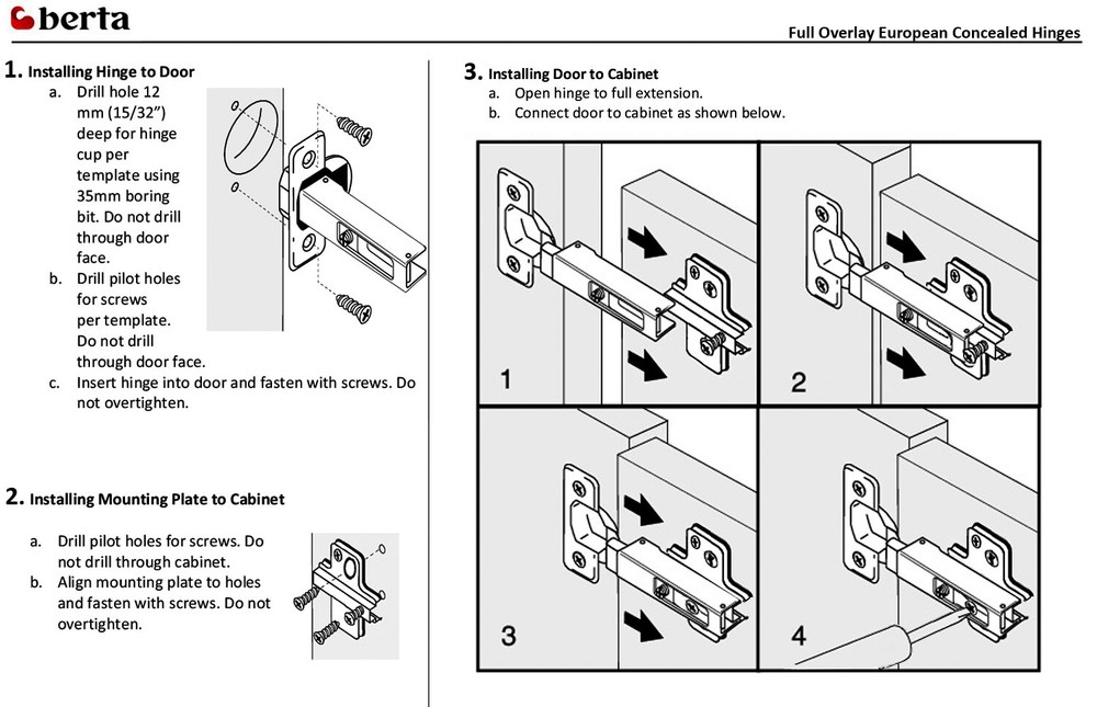 Berta Full Overlay Soft Closing Frameless Cabinet Door Hinge (30 pack)