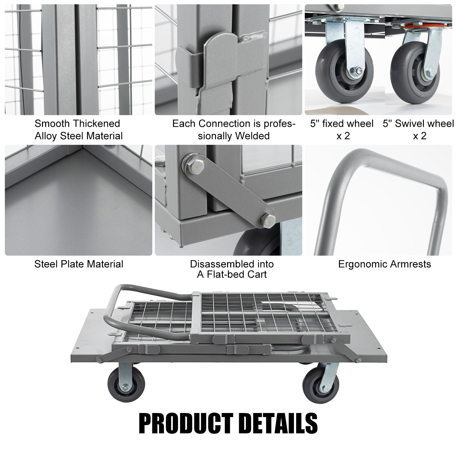Platform Truck Cart with Cage 6-in-1 2000lbs Aluminum Hand Truck Push Cart Dolly