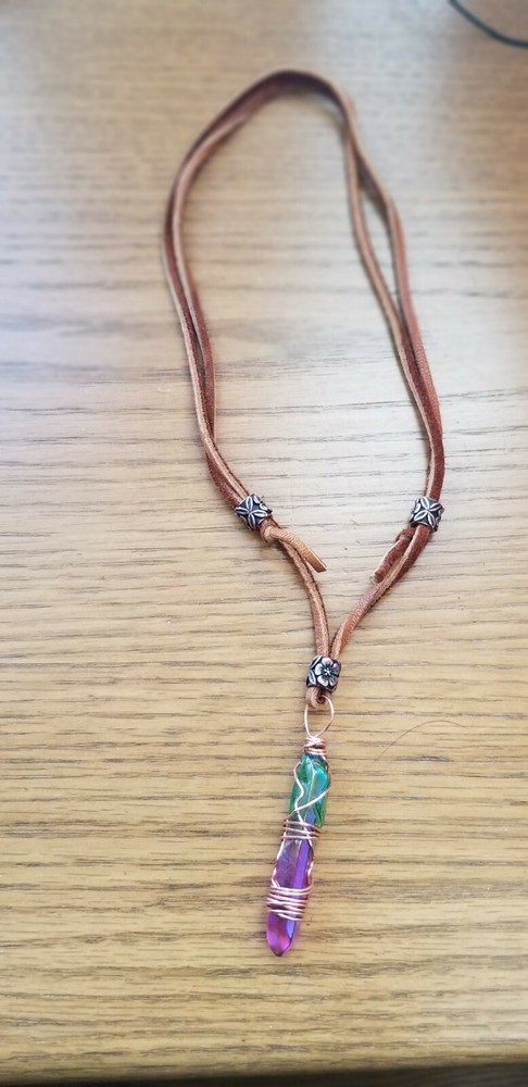 Rainbow Quartz Copper Wire Wrapped Pendant deer hyde lace adjustable