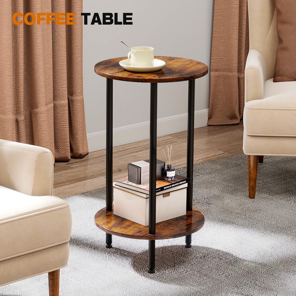 Small Round Side Table Brown Round End Table 2-Tier Modern Bedside Table
