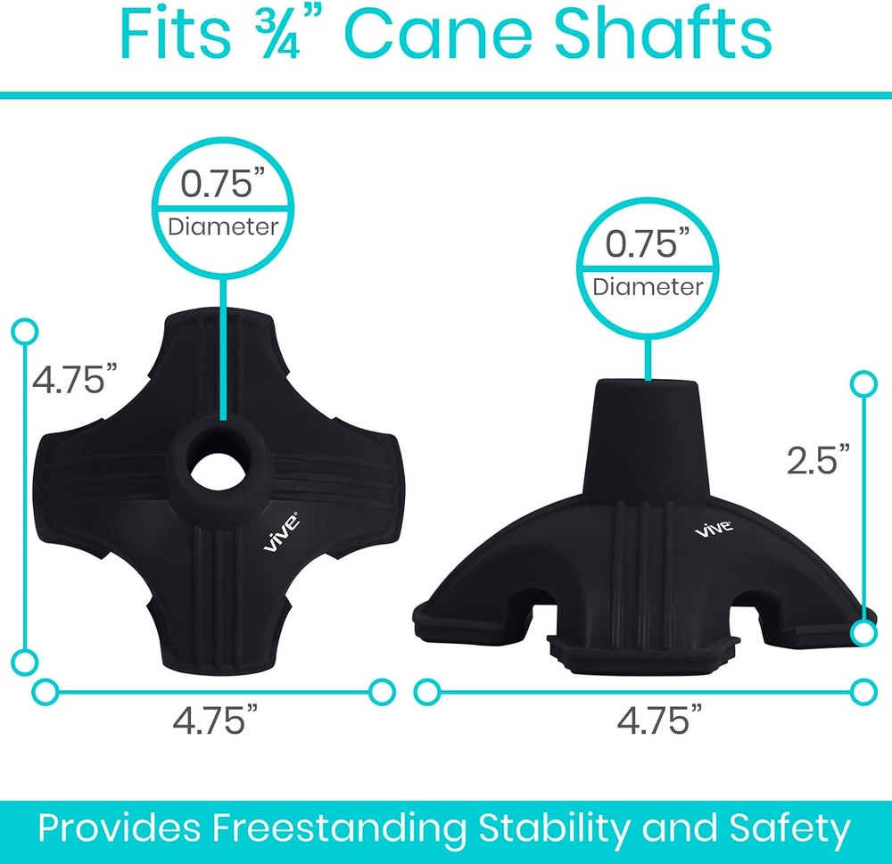 Vive Cane Tip - Self Standing Quad Base Replacement for Most Walking Canes, Walk
