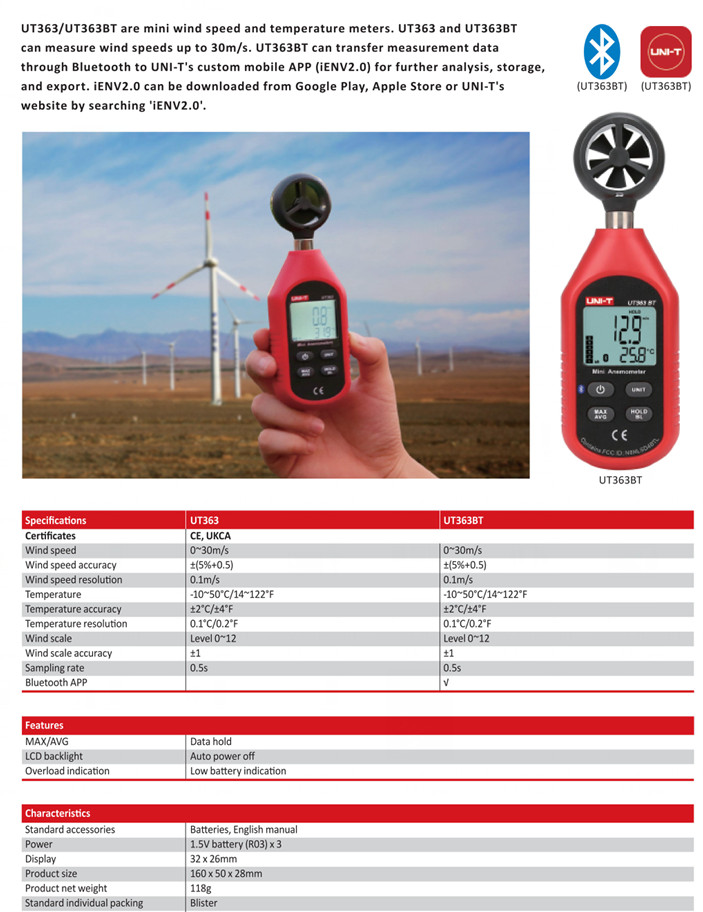 UNI-T UT363BT Digital LCD Anemometer Bluetooth Wind Speed meter Temperature Test