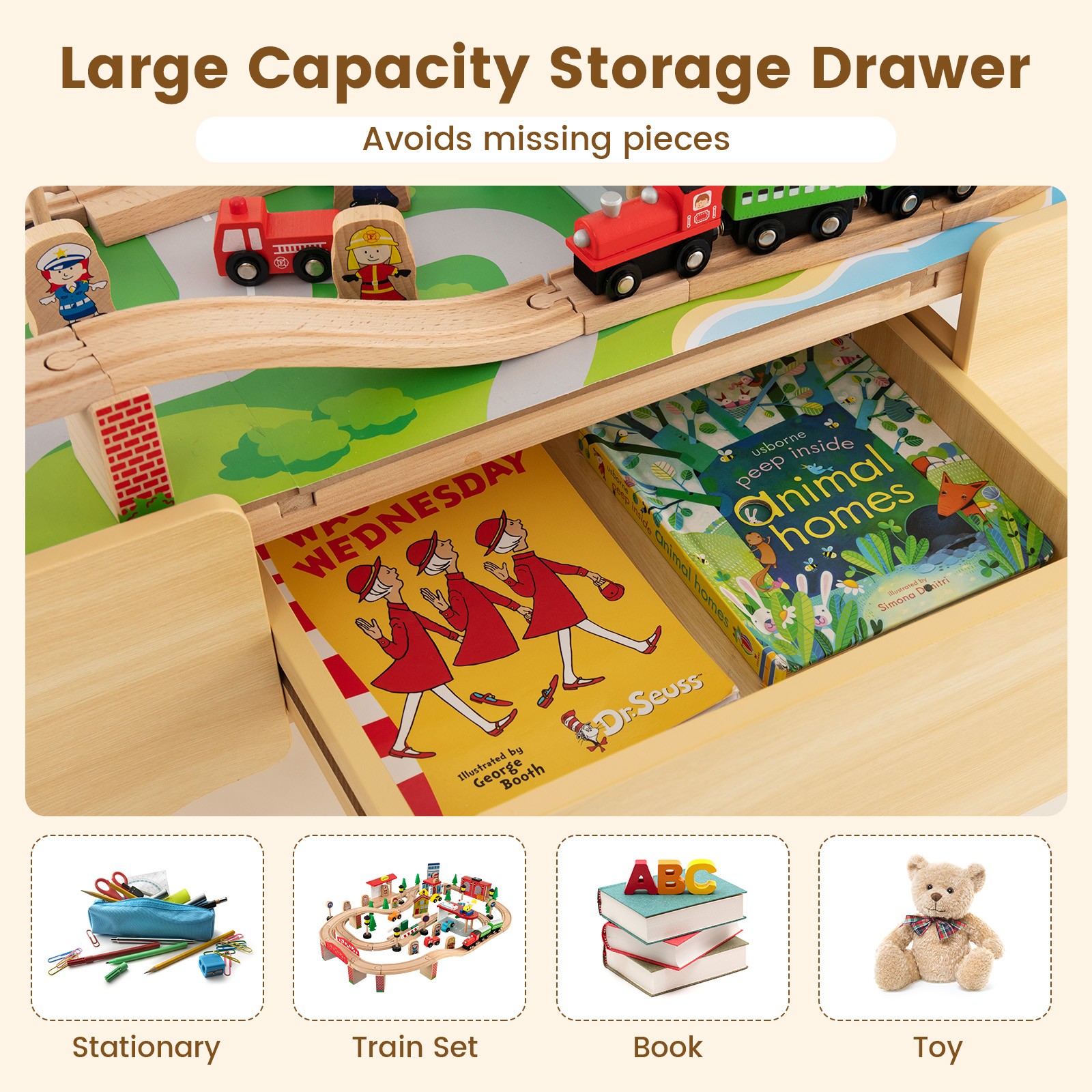 Kids Wooden Train Table Set 84 PCS Playset w/ Reversible Tabletop Storage Drawer