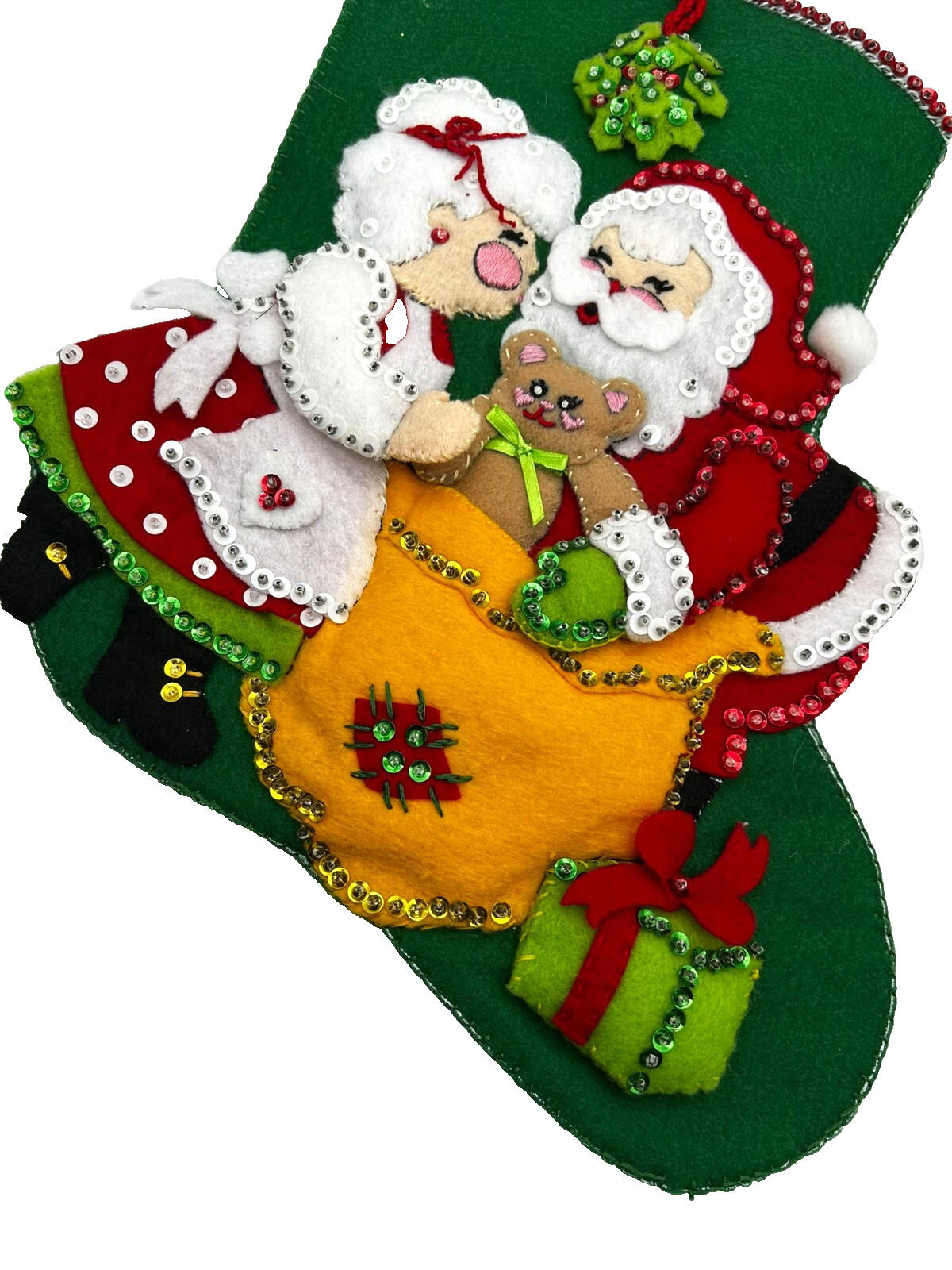 Handmade Completed Bucilla Felt Applique Christmas Stocking MOM Mr. & Mrs. Claus