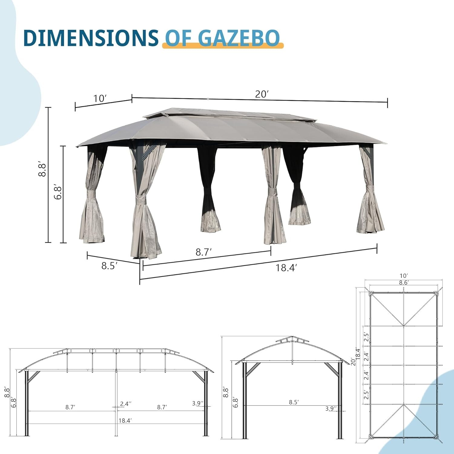 Domi Outdoor Double Roof Gazebo 10x20FT, w/Curtain&Nets, Heavy Duty Metal Frame