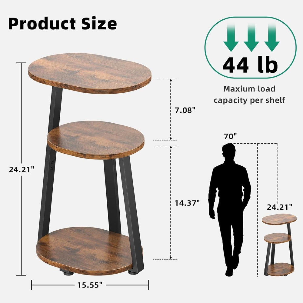 Side Table Small End Table W/ Metal Frame 3-Tier Bedside Tables Round Side