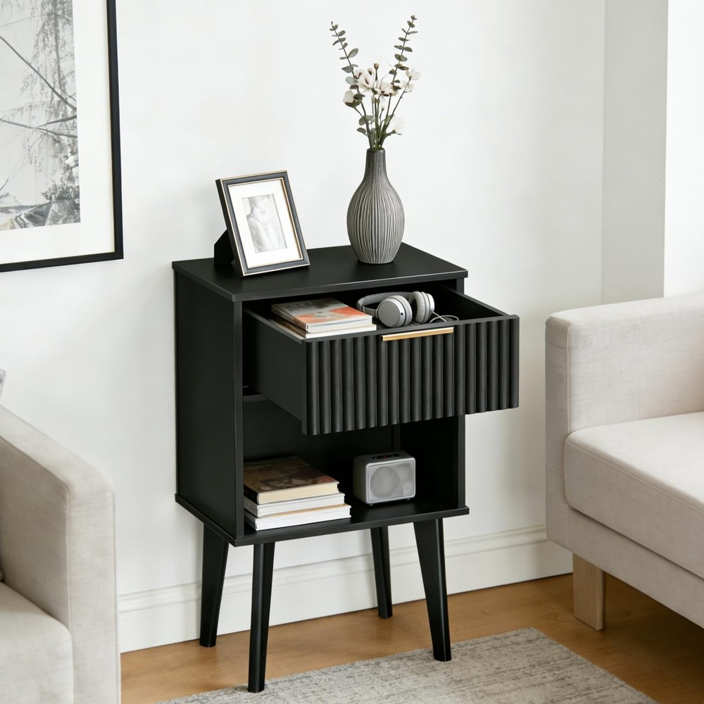 End Table, Fluted Night Stand, Modern Side Table, Small Bedside Table with 1 ...