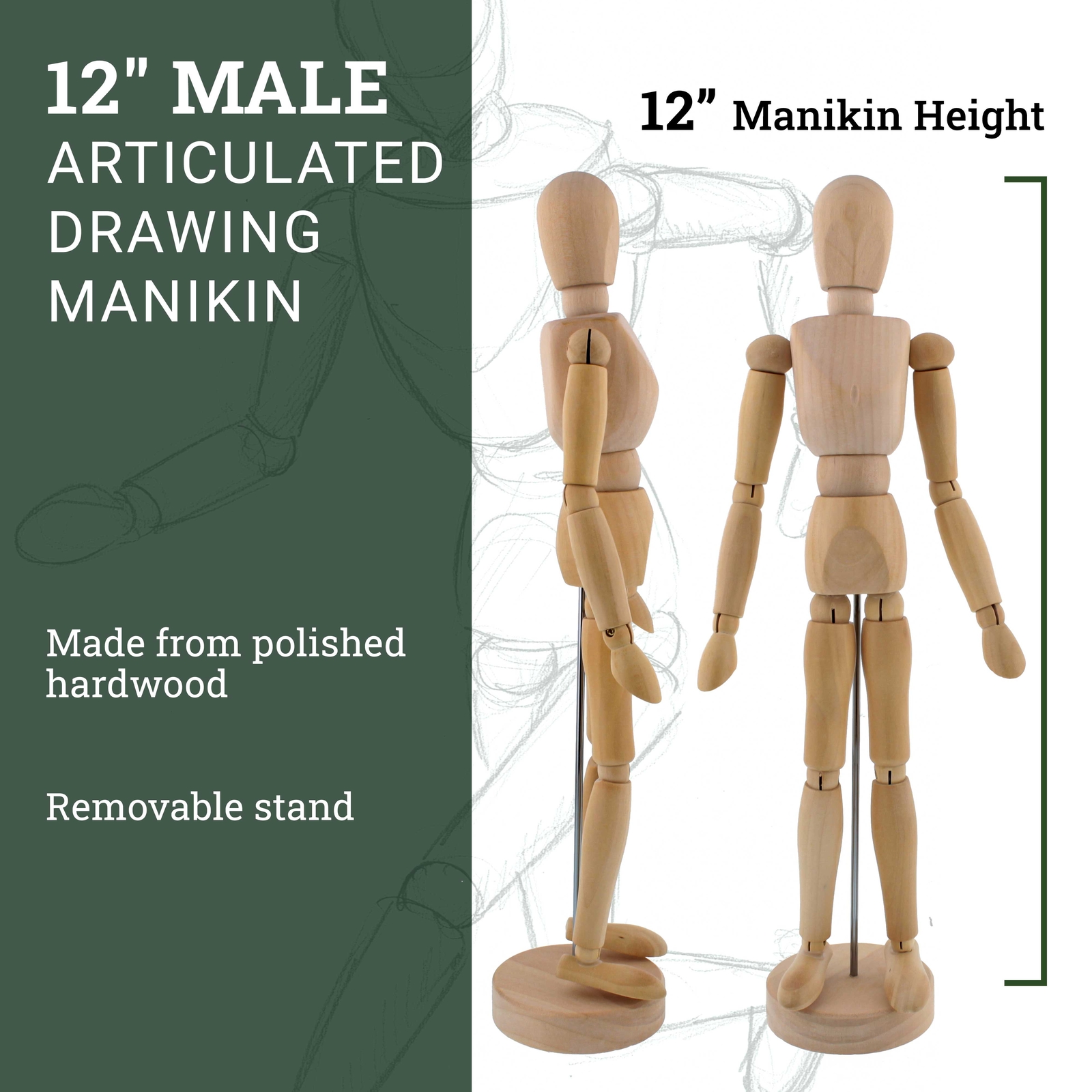 US Art Supply 12" Male Manikin Wooden Art Mannequin Figure