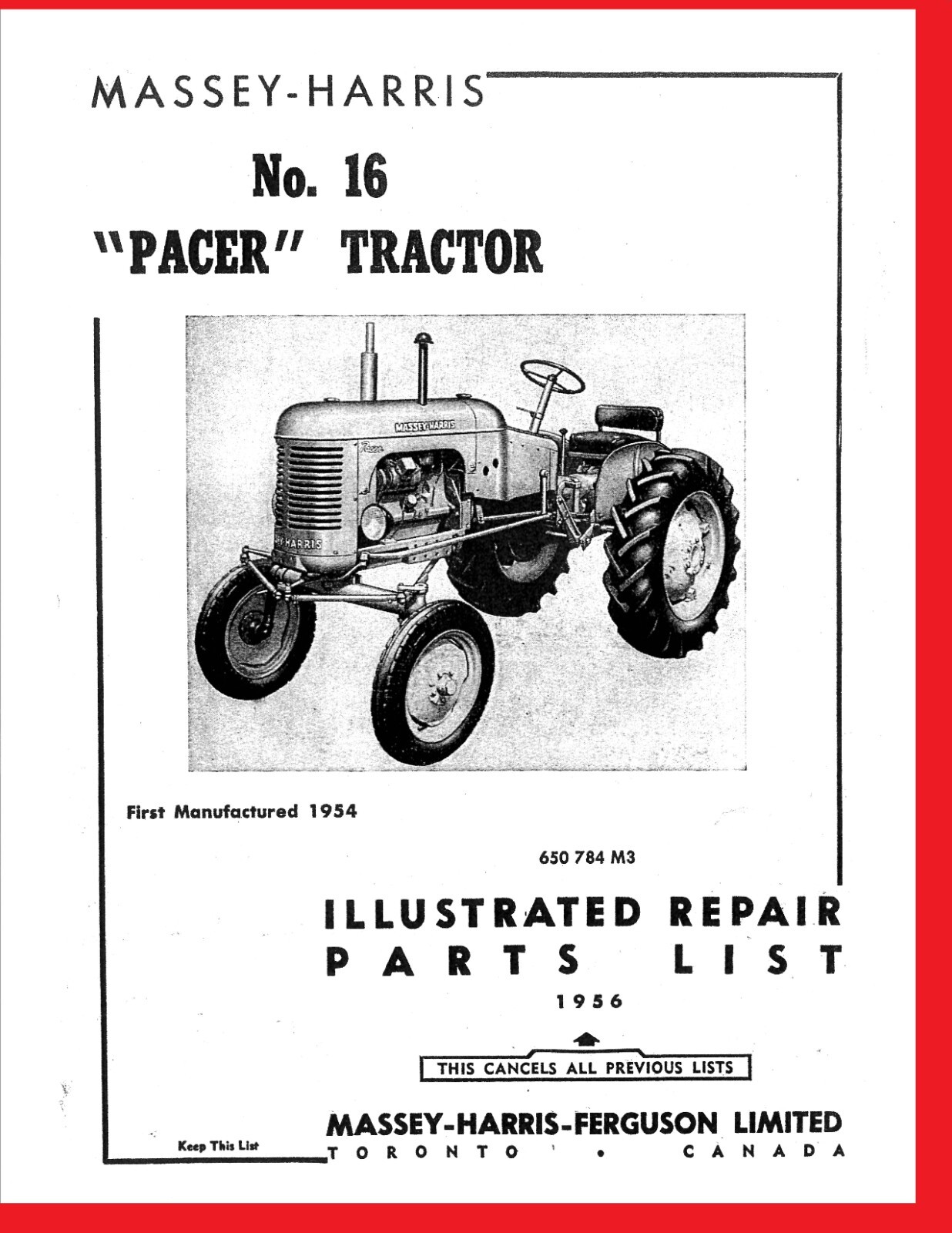 Massey Harris Pacer No 16 Tractor Parts Catalog Manual MH Continental Y91