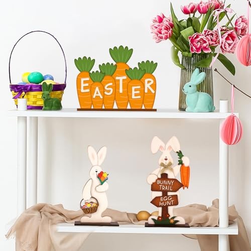 3Pcs Easter Decorations for Home Wooden Bunny Large 3Pcs Easter Wooden Sign