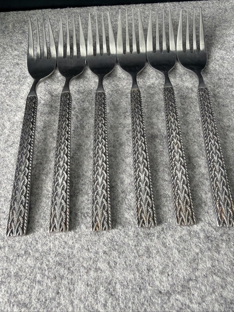 6 MCM JAPAN STAINLESS STEEL FLATWARE BRAIDED ROPE PATTERN Dinner Forks Flatware