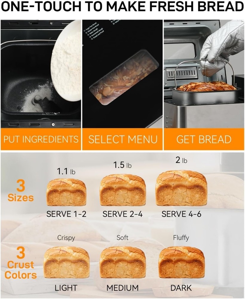 Automatic Bread Maker 2lb, 25-IN-1,Touch Screen, Visible Lid, Auto Nut Dispenser