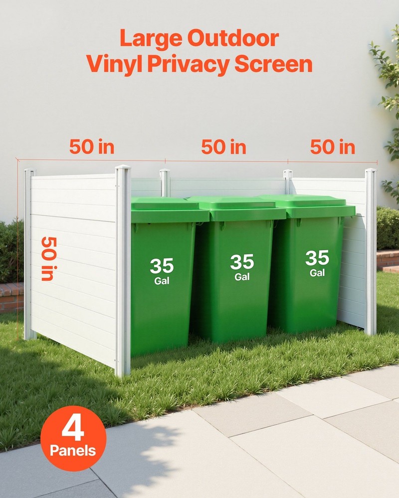 4-Panel Vinyl Privacy Screen 50x50in, Galvanized Stakes