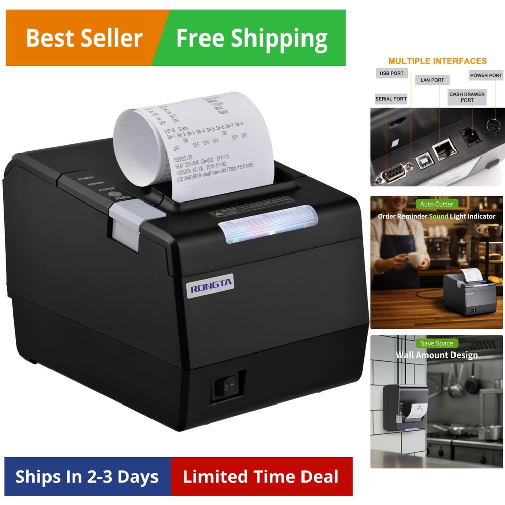 POS Printer, 80mm Thermal Receipt Printer, Restaurant Kitchen Printer with Au...