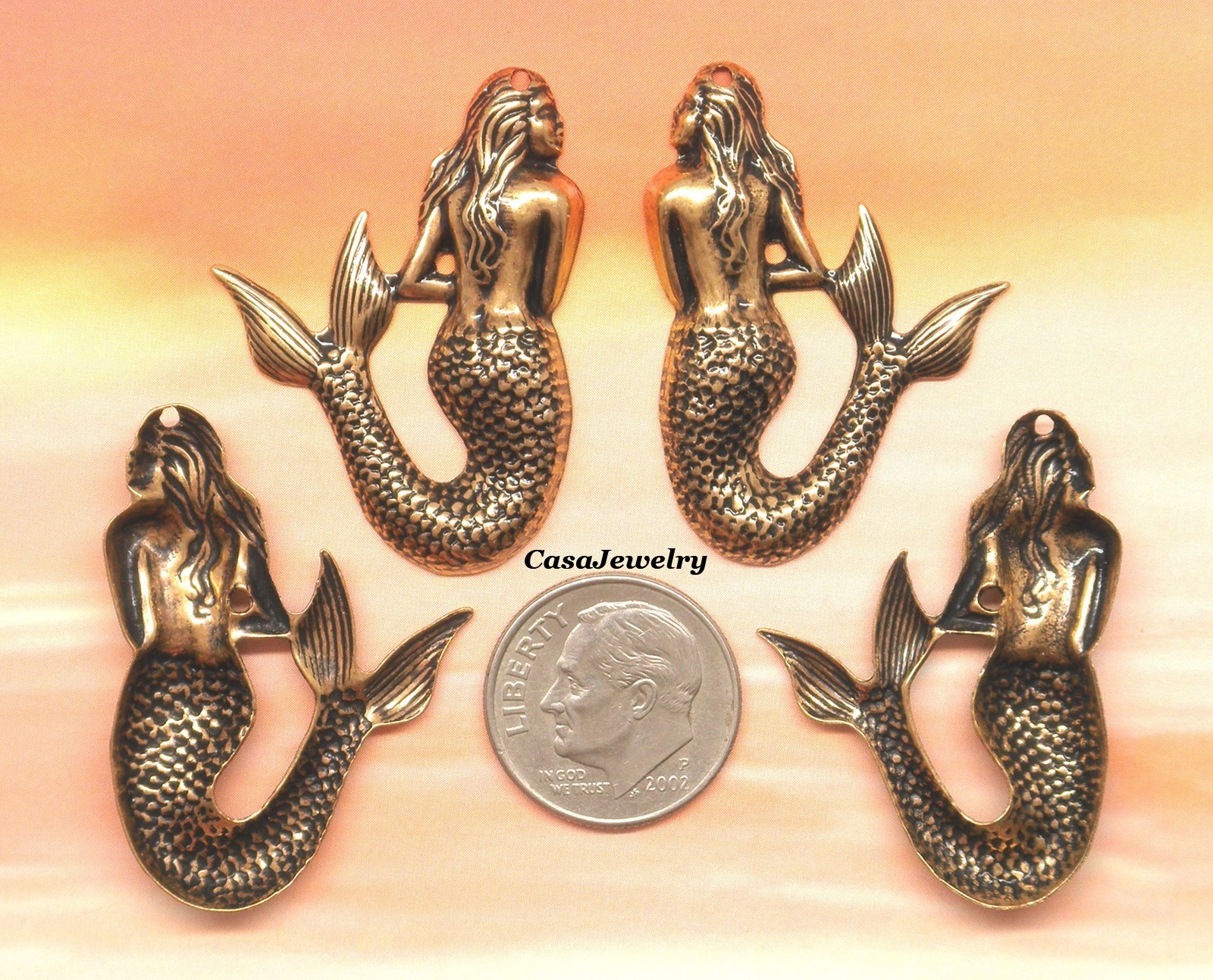 #0141 ANTIQUED GOLD L & R MERMAIDS W/TOP HANG HOLE - 4 Pcs (2 Pr)