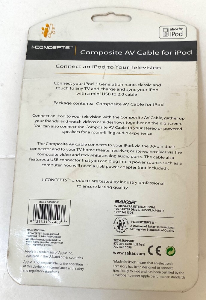 Ipod Composite AV Cable 3 Generation Nano Classic Touch