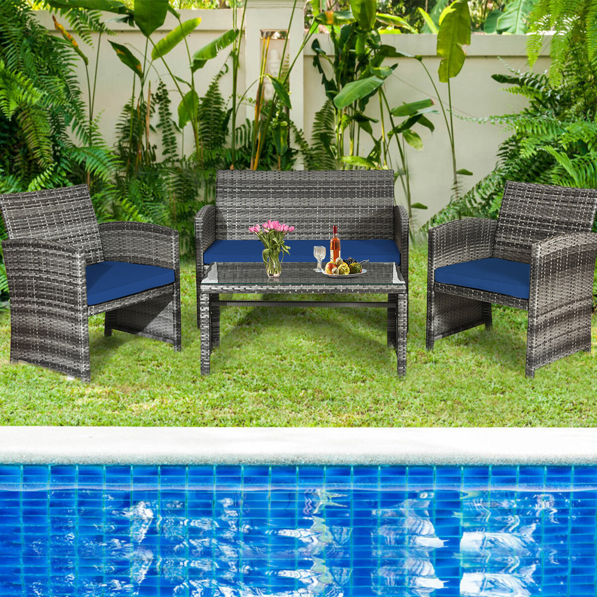 4PCS Patio Rattan Furniture Set Conversation Glass Table Top Sofa Cushioned Navy
