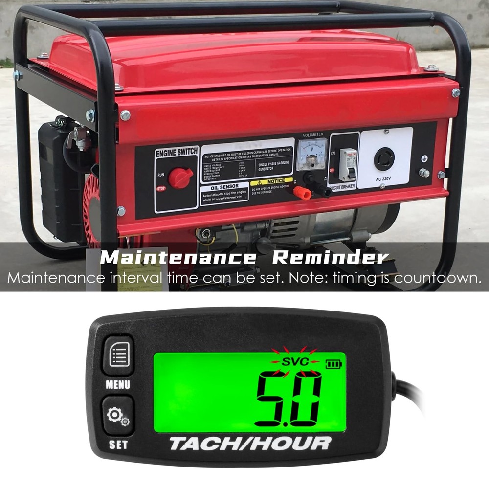 Self Powered Digital Tachometer Hour Meter,Inductive Maintenance Waterproof B...