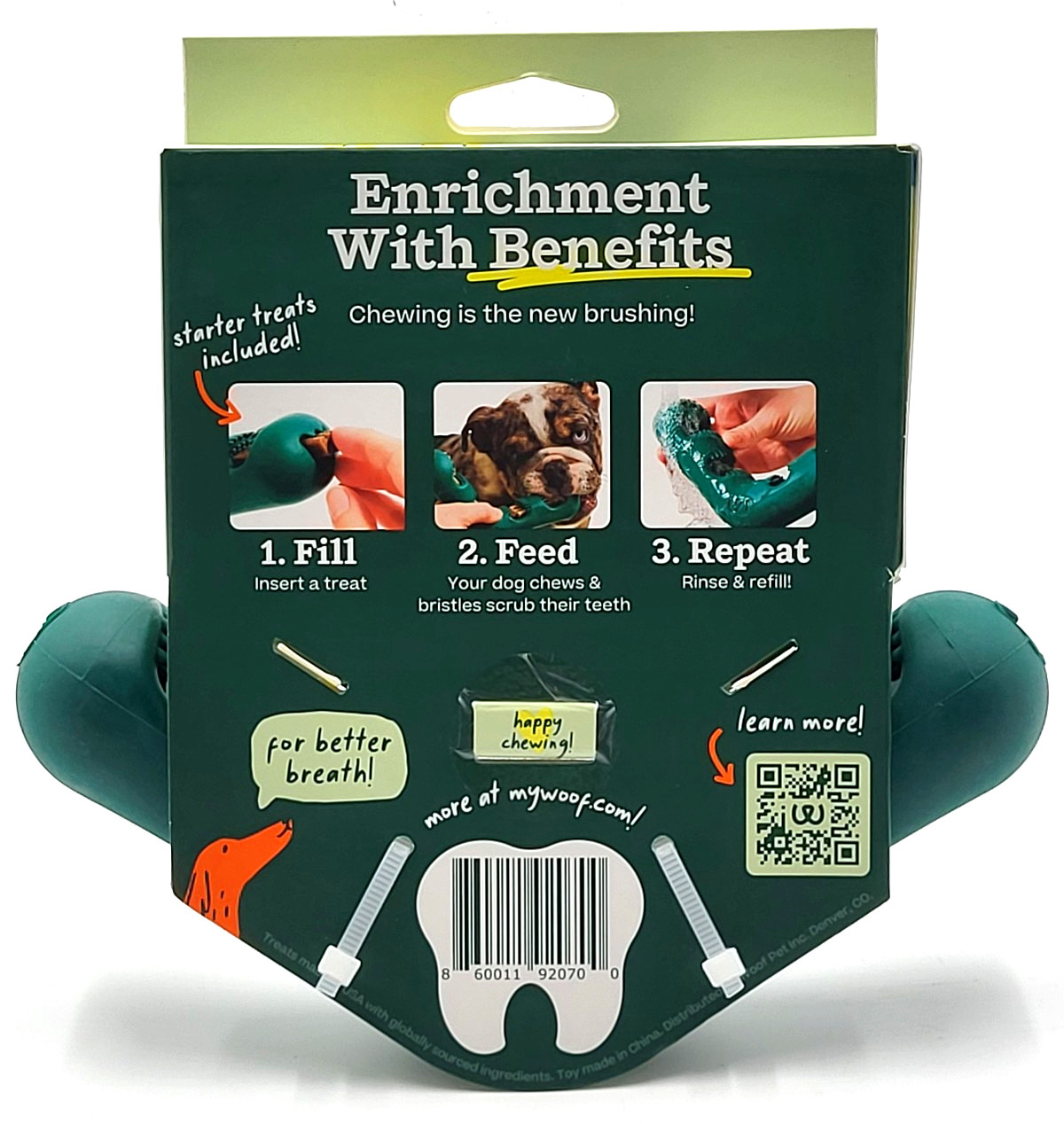 Woof Bite n' Brush Large Treat Holder Toothbrush Tough Non Toxic For Dogs 7.5"