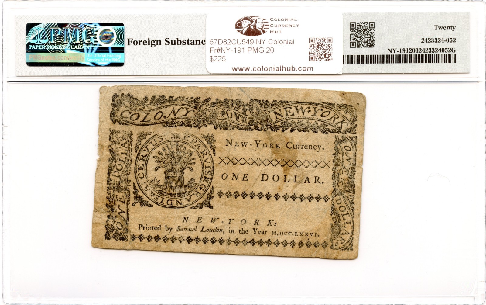 New York Colonial Note Fr#NY-191 March 5, 1776 $1 PMG VF-20
