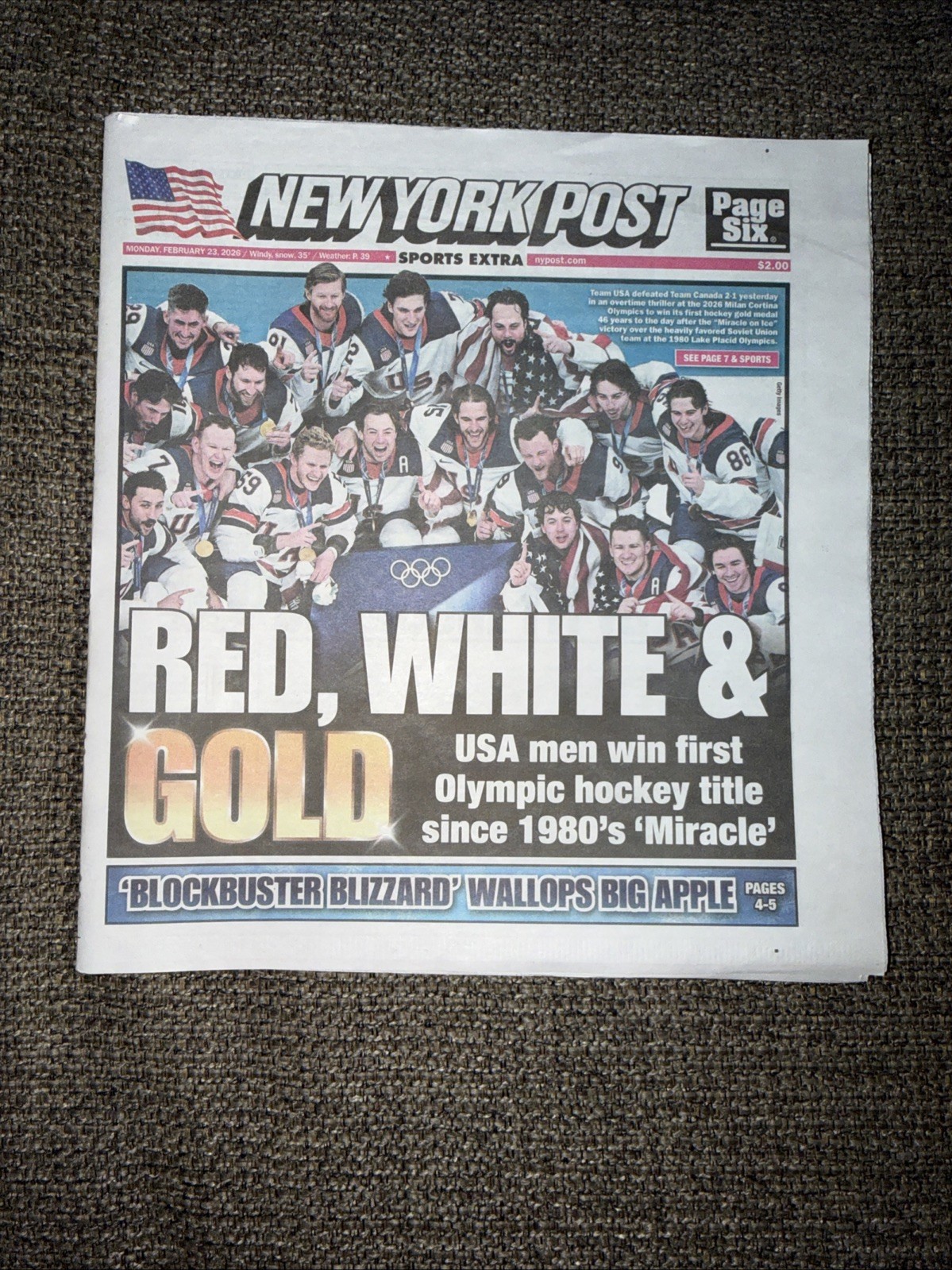 NY Post-Feb 23 2026 US Hockey GOLD MEDAL Vs. Canada