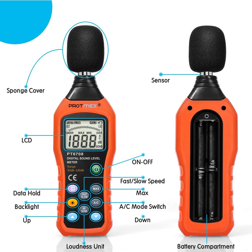 PT6708 Sound Level Meter, Digital Decibel Reader Measurement, MS6708