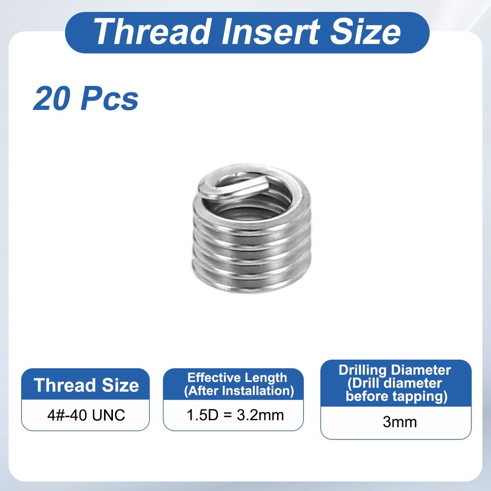 20pcs Wire Thread Inserts 4#-40 UNC 1.5D 3.2mm Helical Threaded Sleeve