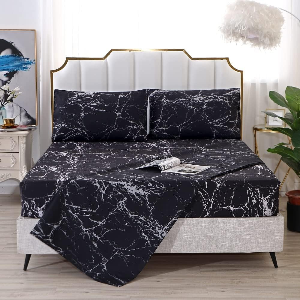 Black Marble, Super Soft Microfiber Bed Sheet 4PC, Marble Bedding Sheet Set Incl