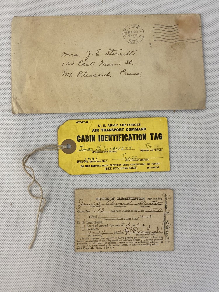 Sterrett Cabin ID Tag Notice Classification 1943 Mount Pleasant PA US Army P6C