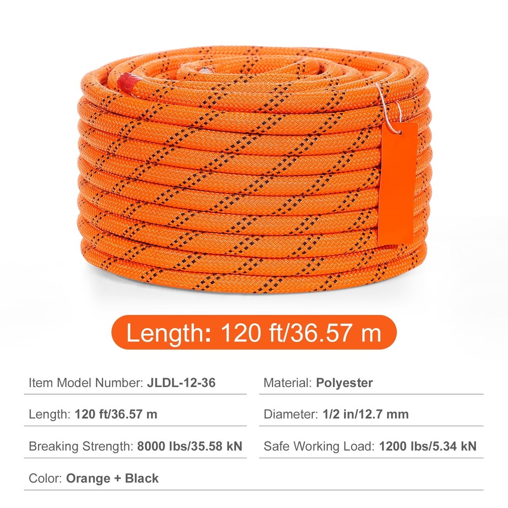 Arborist Tree Climbing Rope Double Braid Polyester 1/2" x 120' 48-Strand