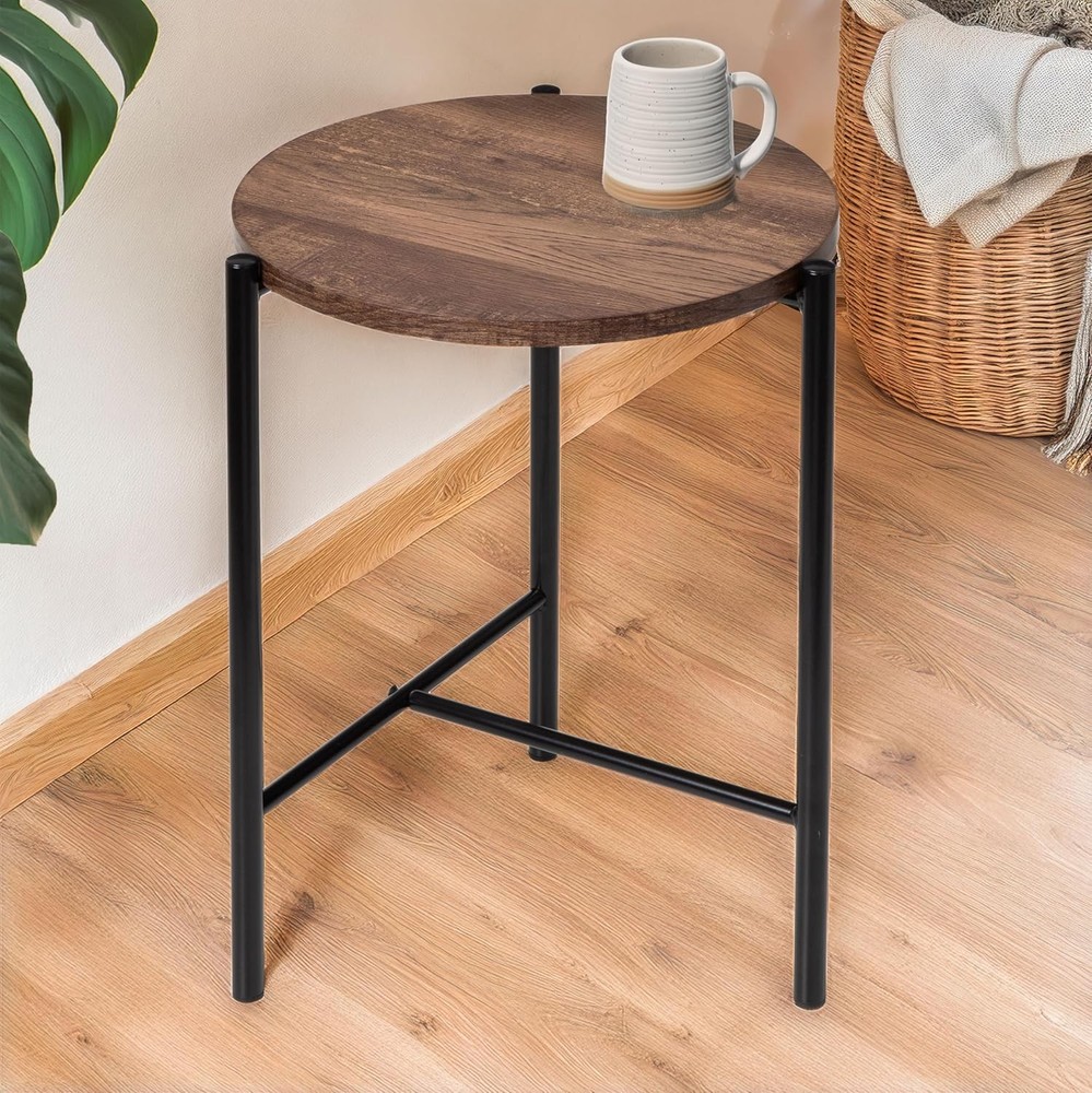 Round Side Table Accent End Table W/ Steel Frame Walnut