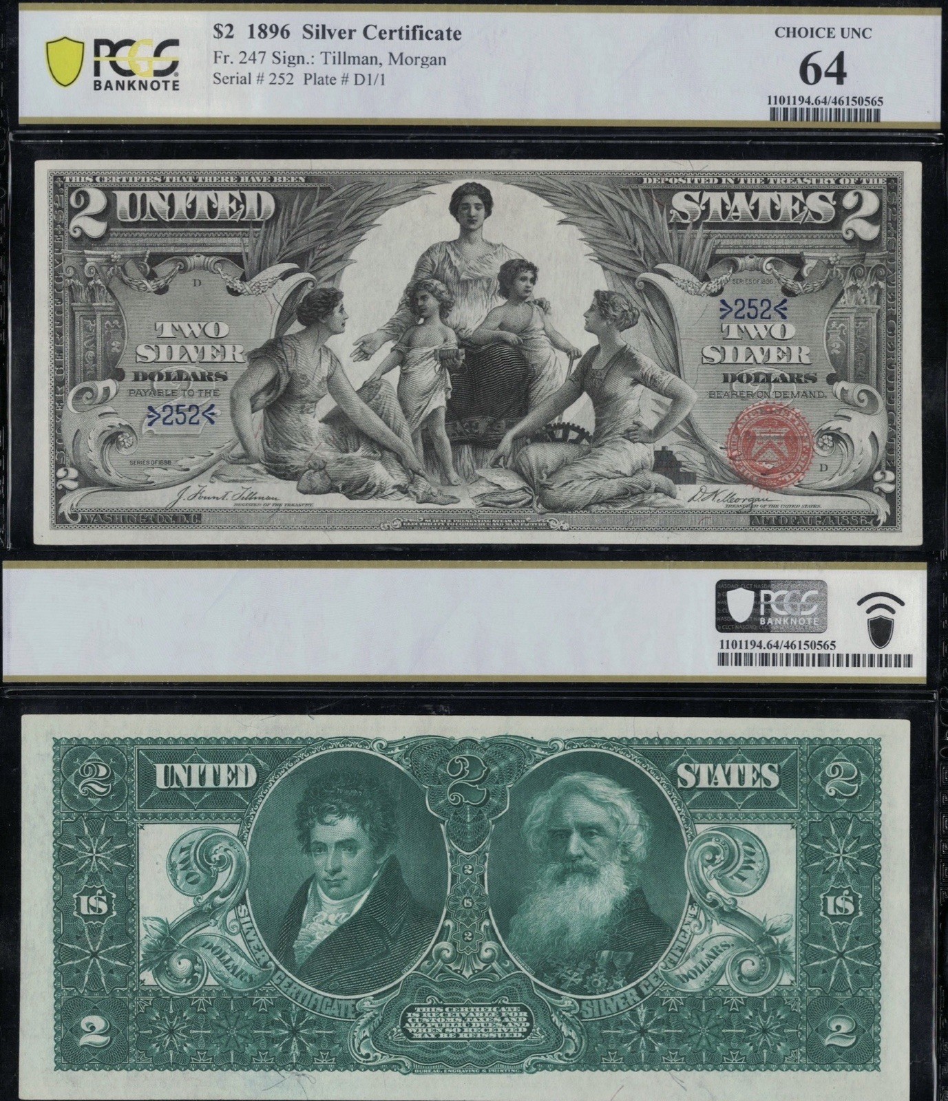 SC 1896 $2 Fr.247 **3 Digit S/N** “Educational” Silver Certificate - PCGS 64