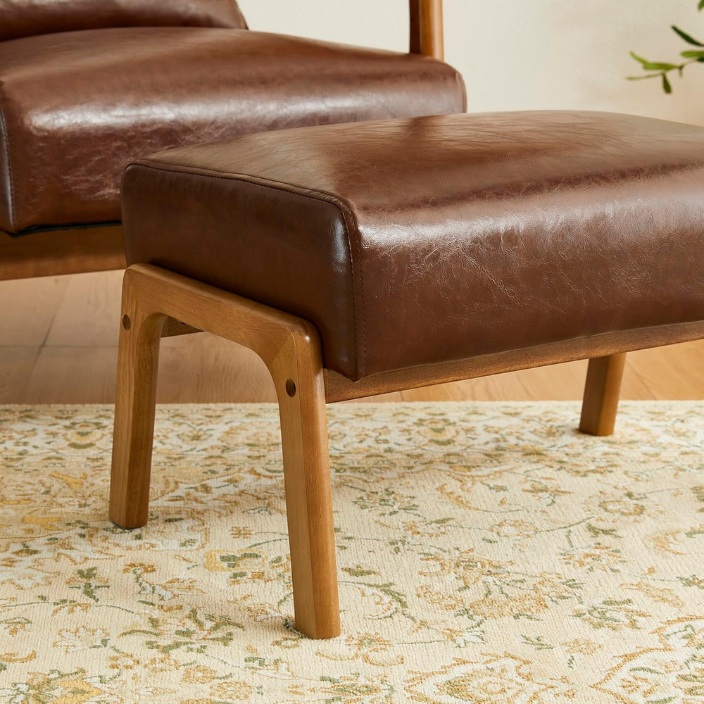 Rectangle Ottoman Bench, Modern Coffee Leatherette Footstool with Walnut Rubberw