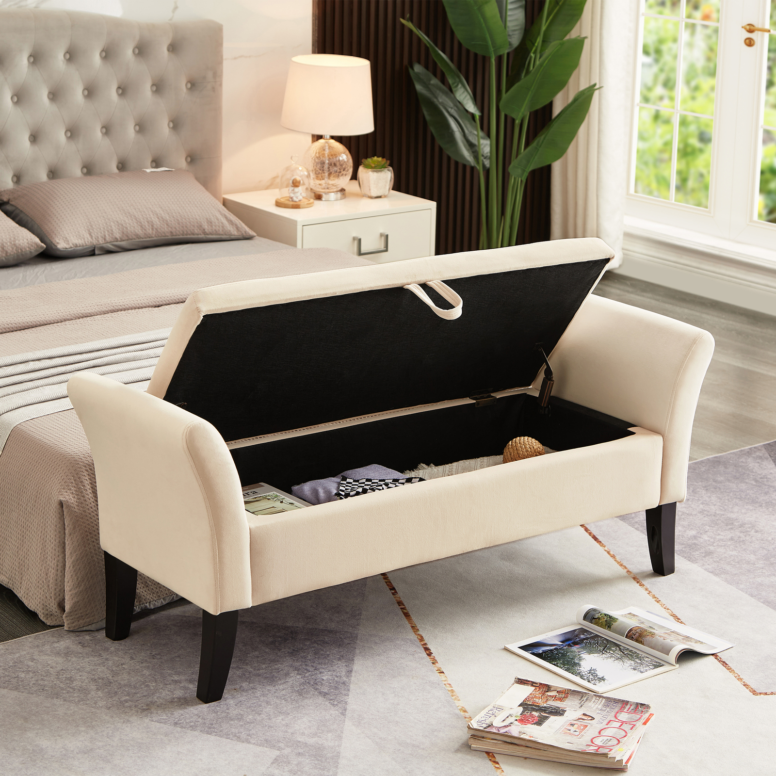 52" Storage Bench Upholstered Ottoman Bench with Arms Velvet Button-Tufted Bench