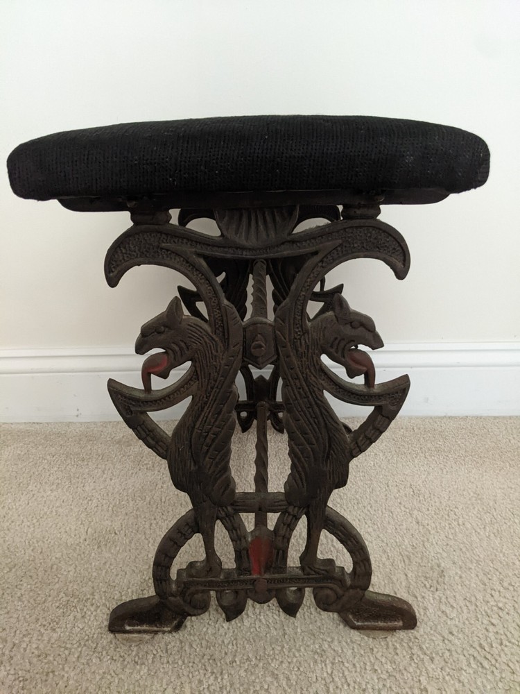 Victorian Floral Iris Needlepoint Bench Stool Ft. Bronzed Cast Iron Chimera Base