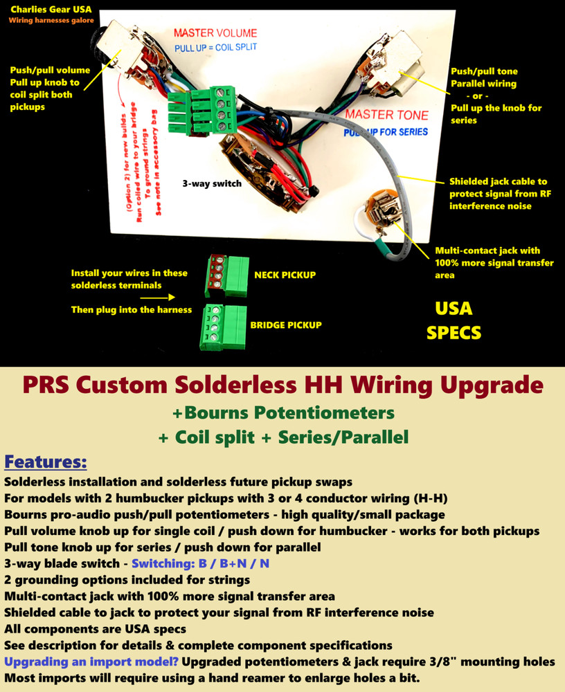 PRS Custom Solderless Wiring Upgrade +Bourns Pots +Coil split + Series/Parallel