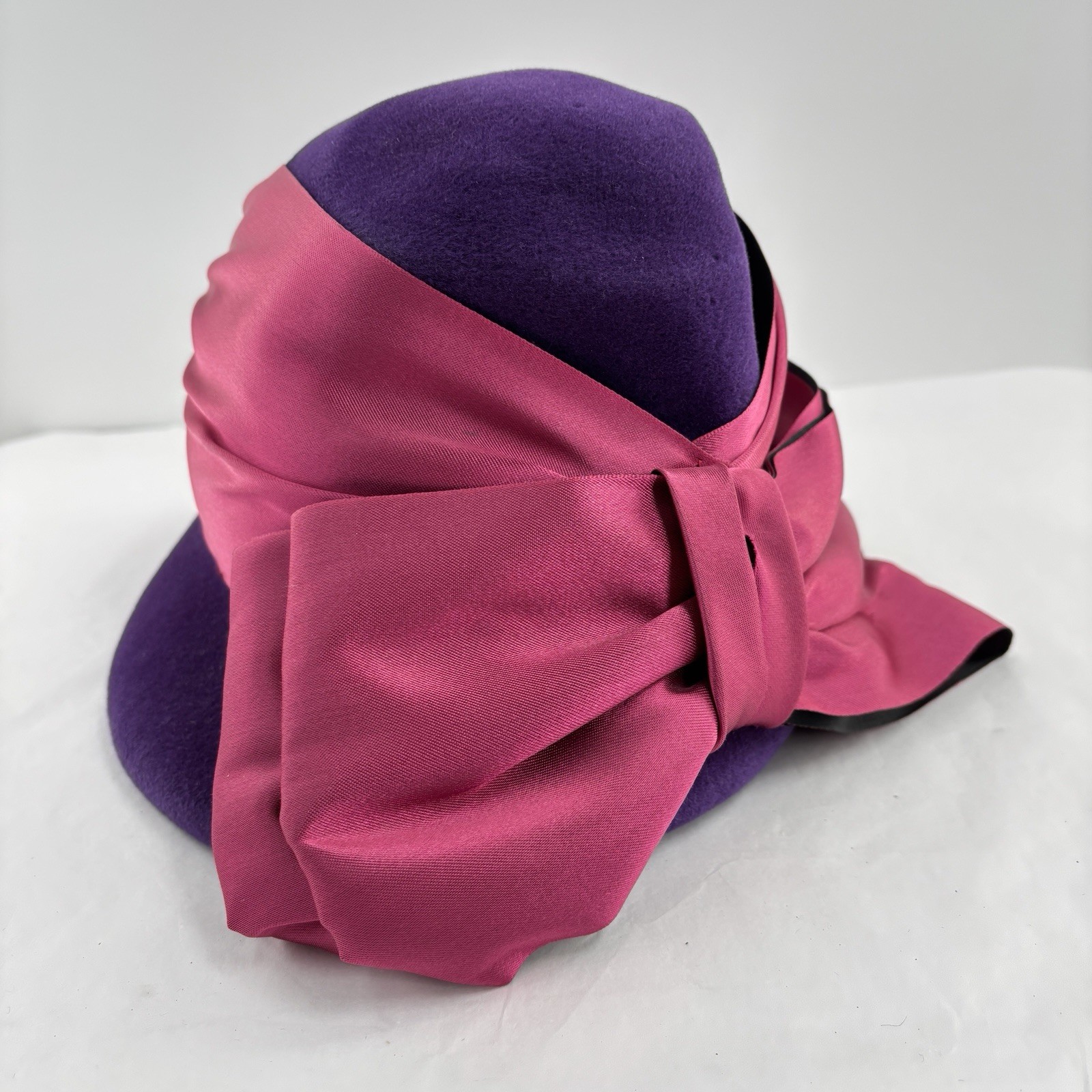 Vtg 60s Contessa William A Miller Cloche Hat Purple Felt Pink Bow Cocktail