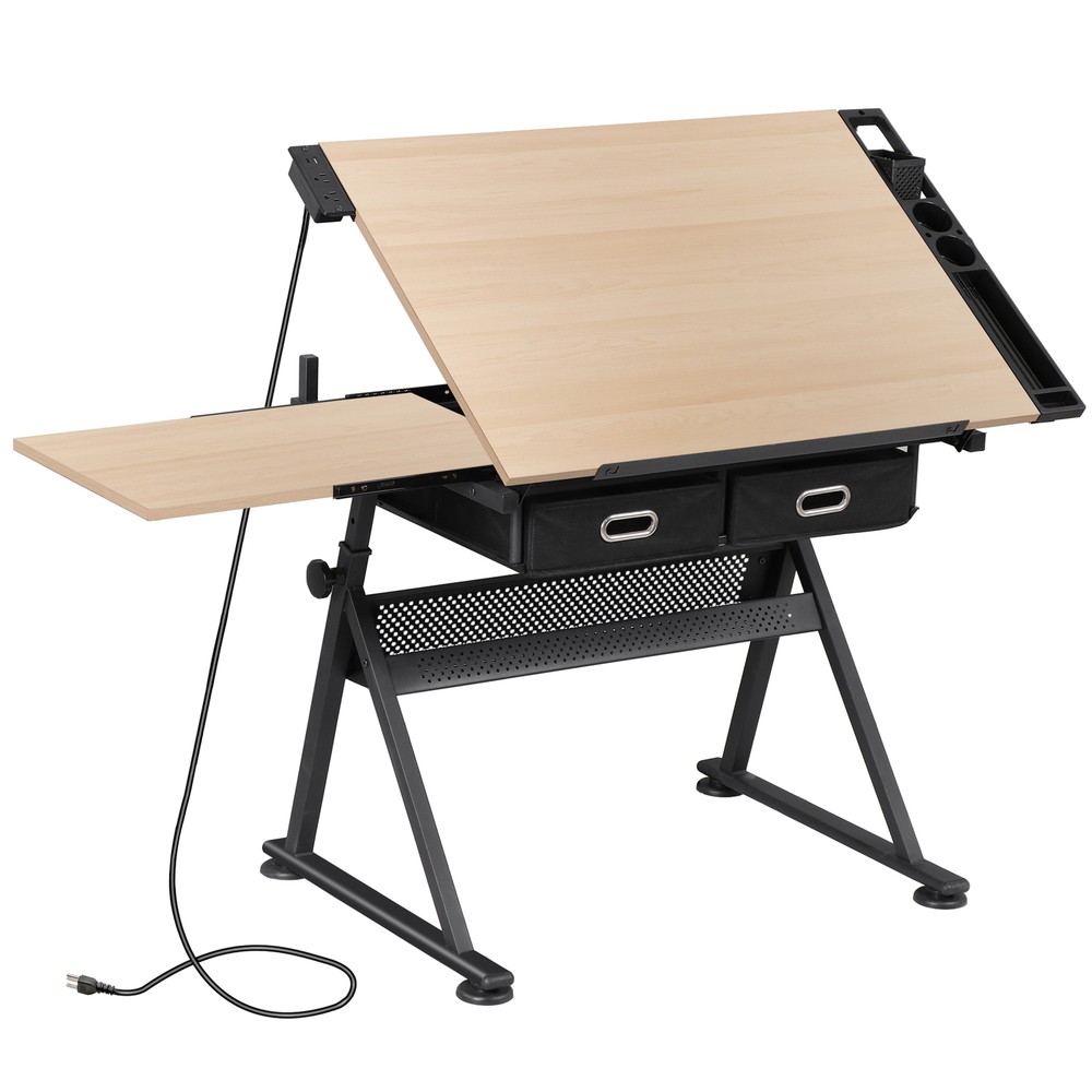 Adjustable Drafting Drawing Table Tiltable Tabletop w/ Stool & Outlet Natural