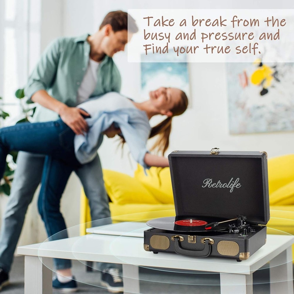Vinyl Record Player 3-Speed Bluetooth Suitcase Portable Belt-Driven Record Pl...