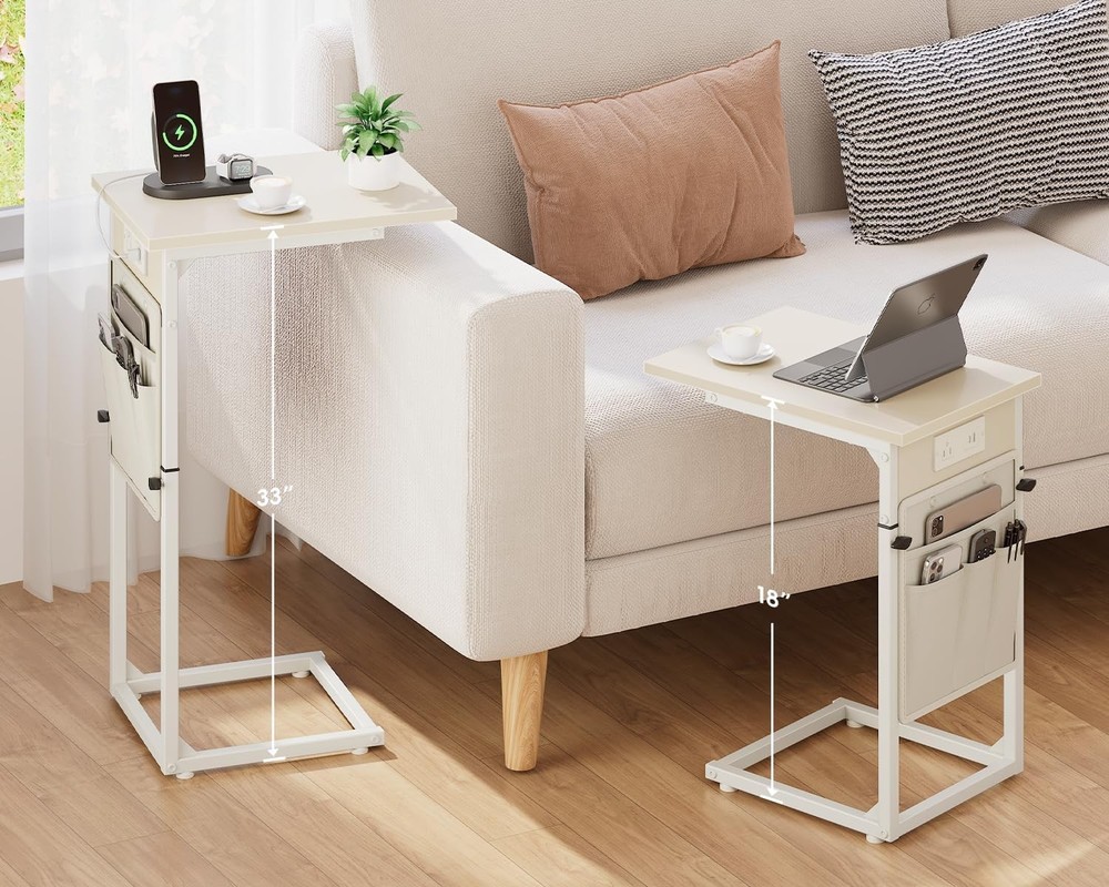 C Shaped End Table W/ Charging Station Adjustable Height Side Table Couch Small