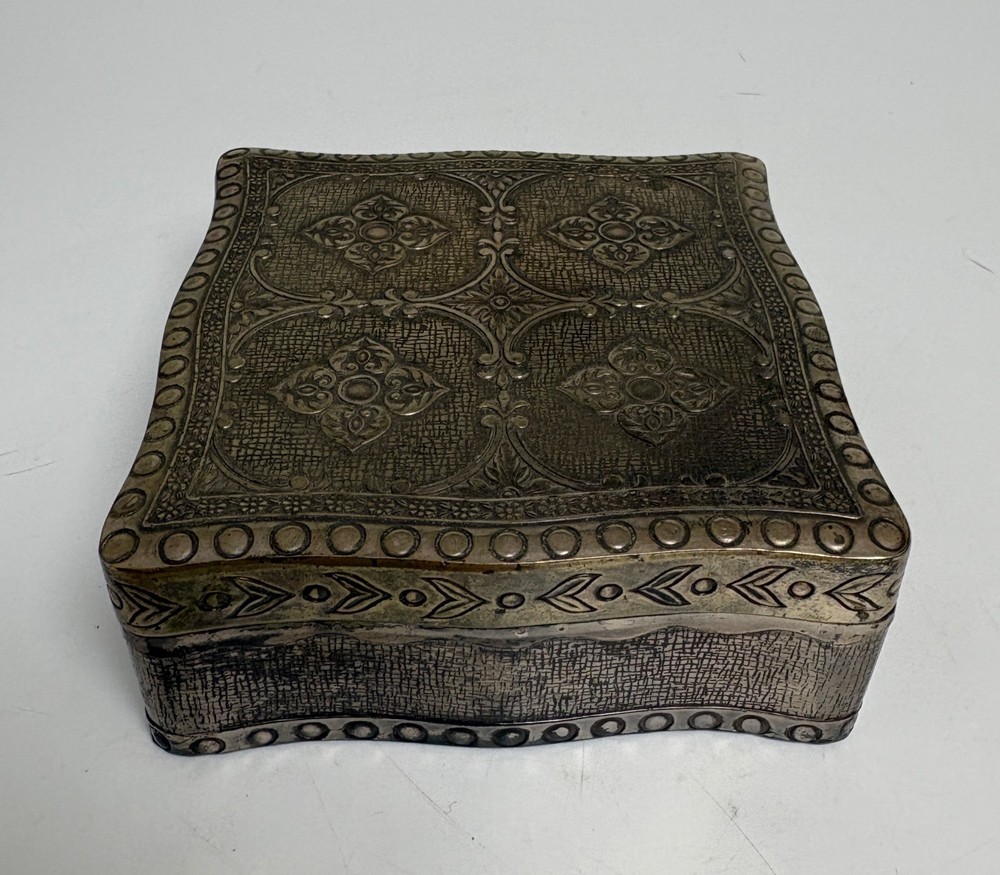 Silver Plated Jewelry Trinket Box Ornate Etched Red Velvet Lined