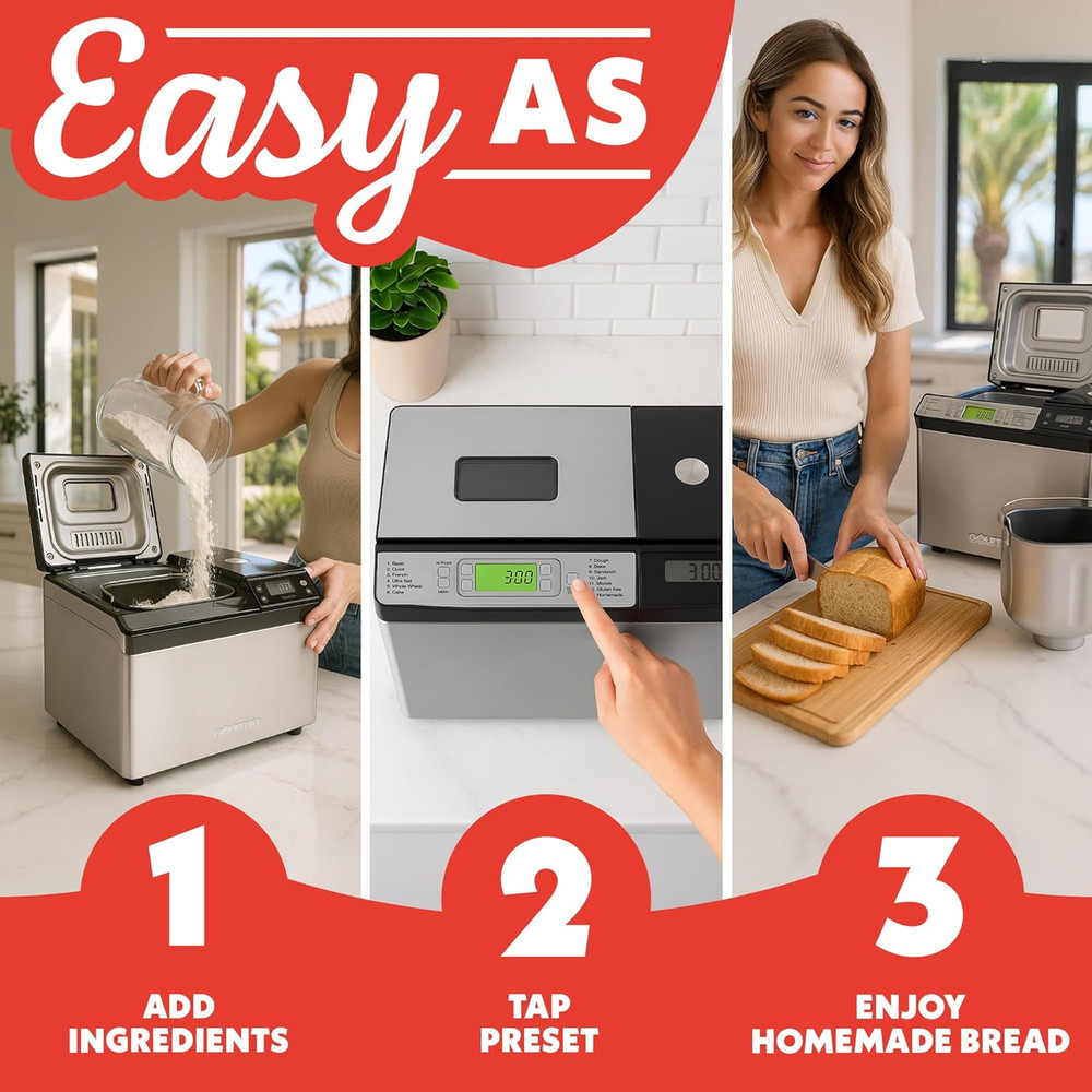 2 LB Bread Maker with 13 Settings, Jam Mode & Auto Dispenser for Fresh Bread